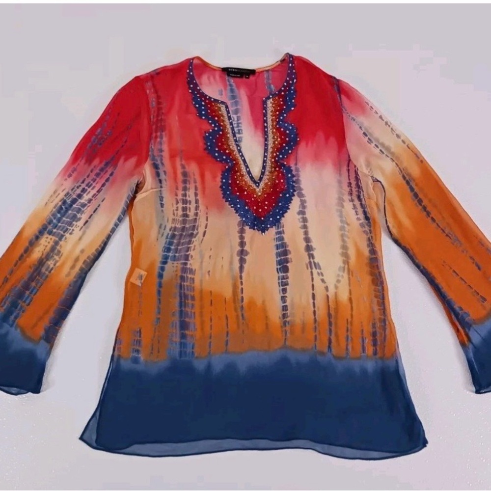 Colorful BCBG Women's Tie-Dye Top with Embroidered Neckline